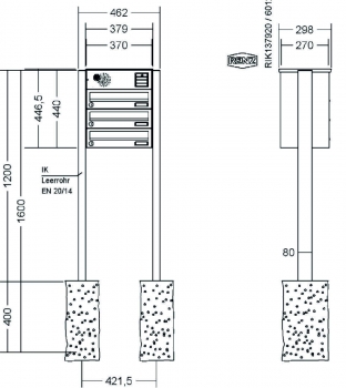 RENZ Briefkastenanlage freistehend, Basic B, Edelstahl V4A, Kastenformat 370x110x270mm, mit Klingel - & Lichttaster und Vorbereitung Gegensprechanlage, 3-teilig, zum Einbetonieren